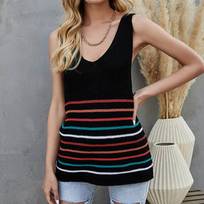 Womens Sleeveless V-neck Knitted Vest Summer Casual Loose Shirt-Black