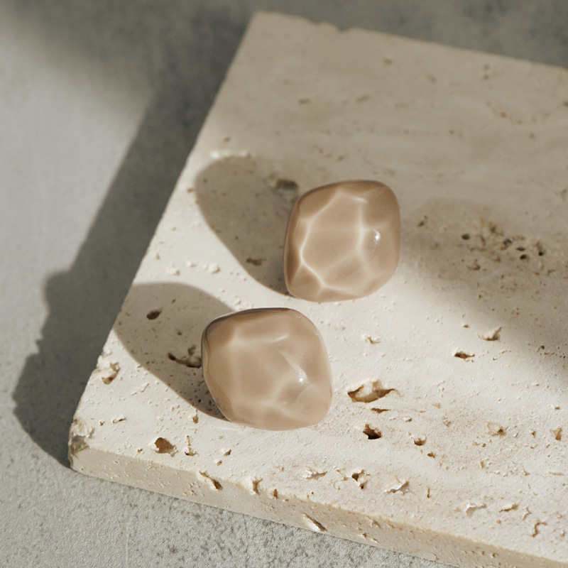 Cute Irregular Marble Resin Stud Earrings-Brown