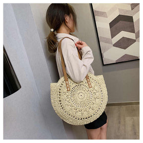 Round Straw Bag Large Woven Summer Beach Tote Handbags for Women Vacation-Beige