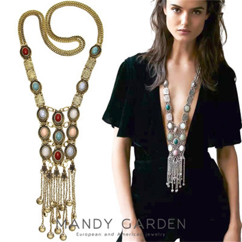 Turquoise Rhinestone Long Tassel Necklace for Women Gold