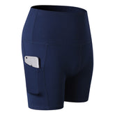 Women Yoga Shorts With Pockets High Waist Running Fitness Leggings Sports Quick Drying Tight Pants 2049-Navy Blue