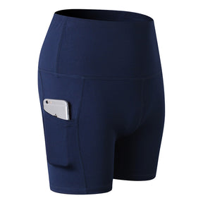 Women Yoga Shorts With Pockets High Waist Running Fitness Leggings Sports Quick Drying Tight Pants 2049-Navy Blue