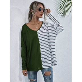 Womens Striped V-Neck Long Sleeve Tops-Green