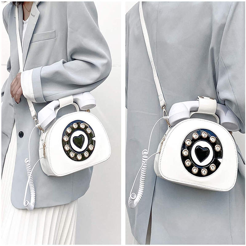 Women Telephone Shaped Handbag Retro Phone Top-Handle Crossbody Bags-White