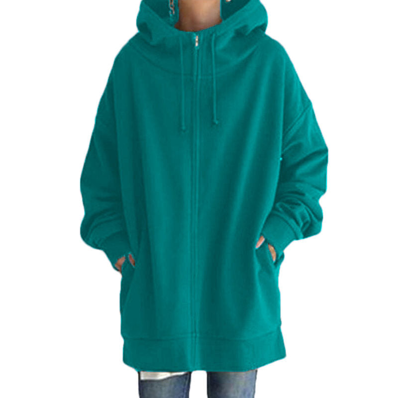 Womens Long Fleece Sweatshirt Simple Full Zip Hoodies-GrassGreen