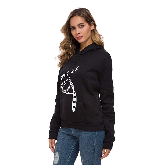 Women Teen Girls Cat Printed Hoodie Sweatshirt Cute Cat Ear Pullover Sweatshirt-Black