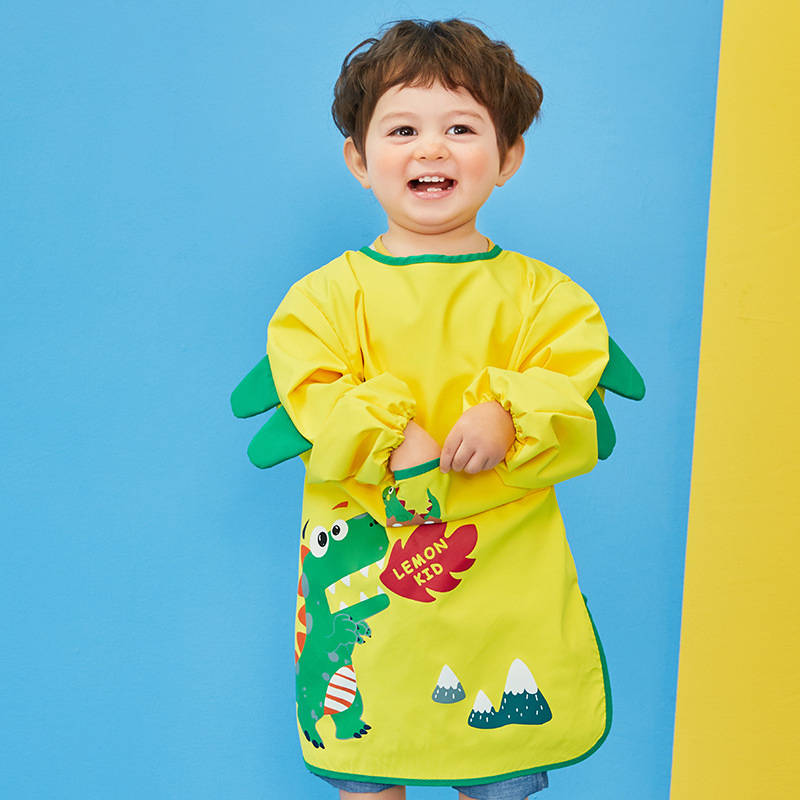 Kids Art Smocks Long Sleeve Painting Aprons with Pockets-Yellow Dinosaur