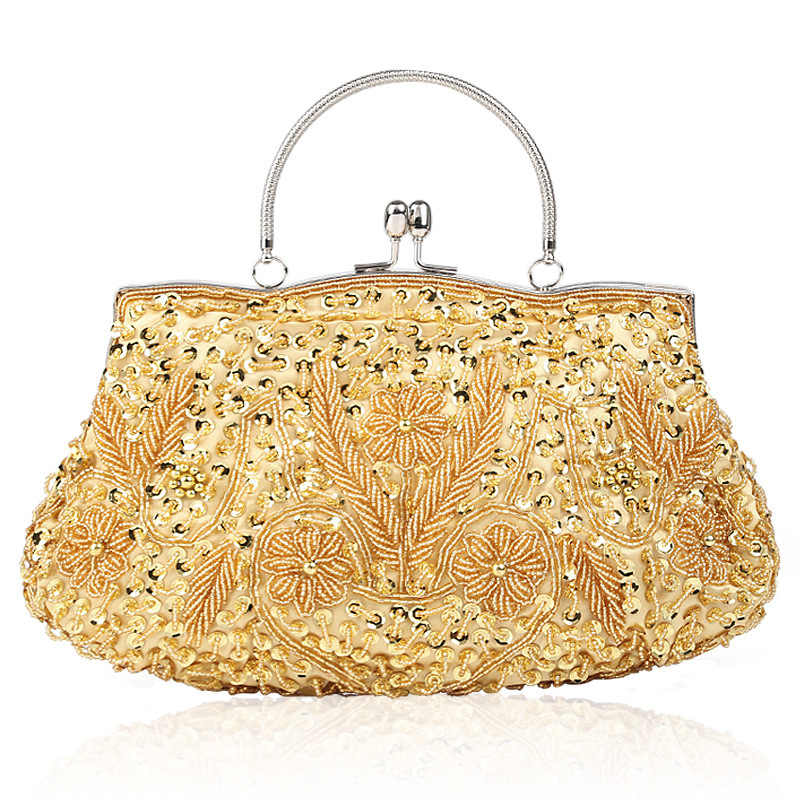 Beaded Sequin Design Flower Evening Purse Large Clutch Bag-Gold