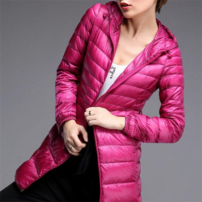 Womens Lightweight Puffer Jacket Hooded Winter Mid Length Coat-RoseRed