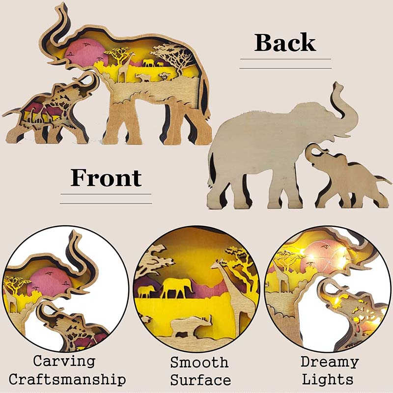 2Pcs Elephant Wooden Crafts 3D Animal Statue with Lights Home Decor