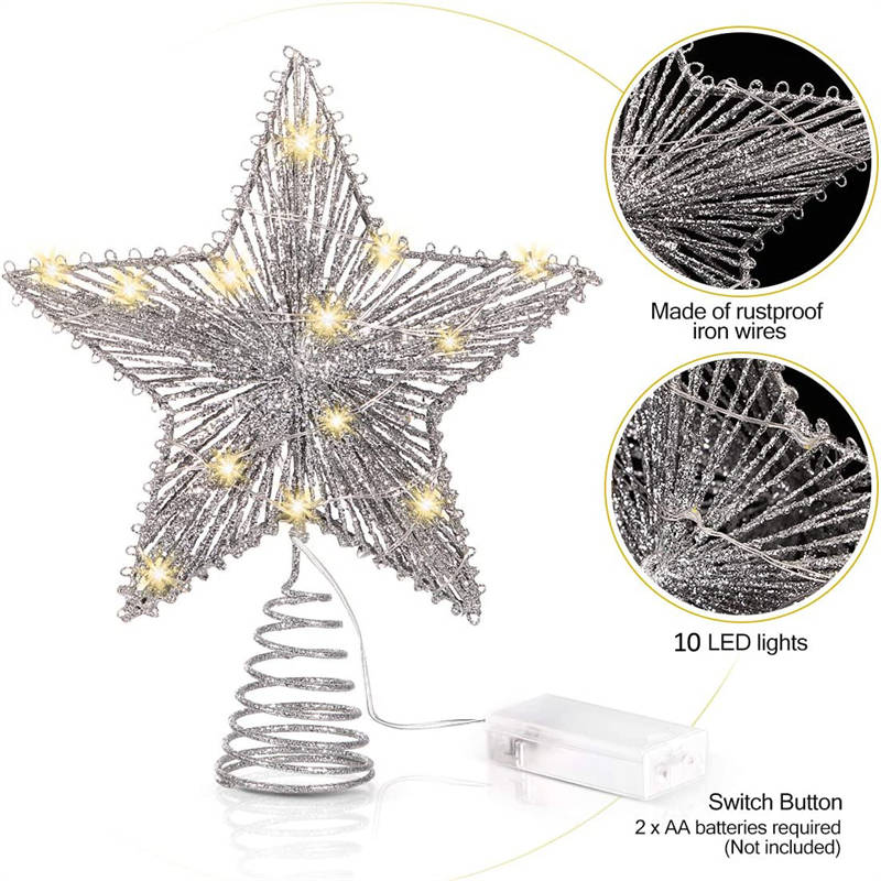 Star Light with 10 LED for Christmas Tree Topper Decoration-Silver