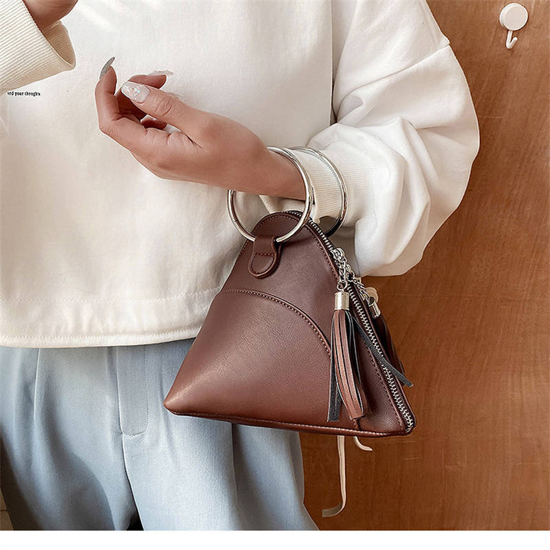 Women Cute Tassel Clutch PU Leather Triangle Bags-Coffee