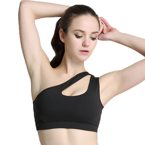 One Shoulder Sports Bra Removable Padded Sexy Cute Workout Top-Black