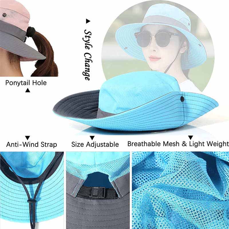 Women's UV Protection Wide Brim Sun Hat-Cool Mesh Foldable Travel Outdoor Fishing Hat-Pink+Gray