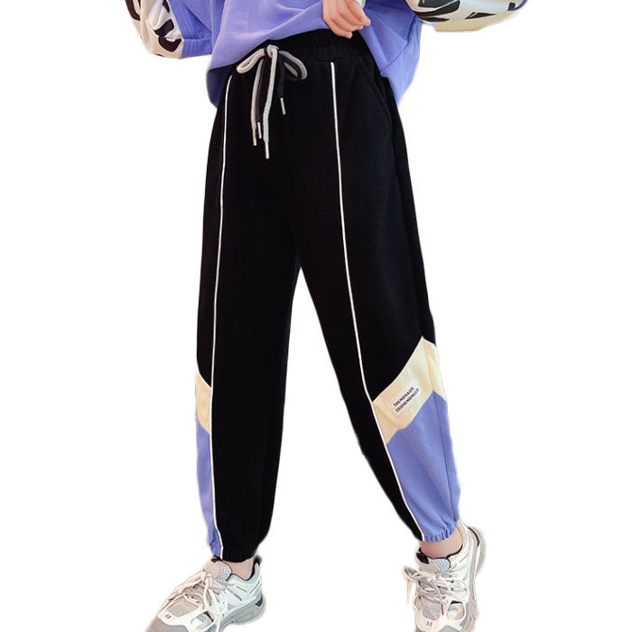 Girls Joggers Long Pants Pockets Outdoor Casual Trousers with Drawstring Three-color Stitching-Black