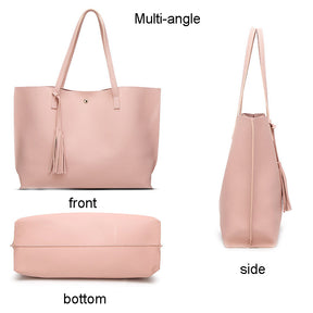 Womens Soft Leather Tote Shoulder Bag Big Capacity Tassel Handbag-Pink