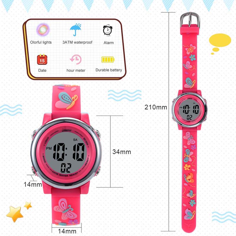 Girls Digital Sport Watches LED with 7 Colors Backlight 3D Butterfly Wristwatch-Red