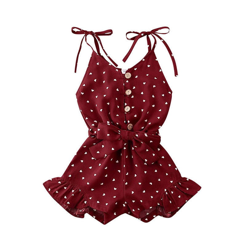 Baby Girl Clothes Self Tie Sleeveless Romper Heart Shape Print Jumpsuit-WineRed