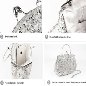 Beaded Sequin Design Flower Evening Purse Large Clutch Bag-Grey