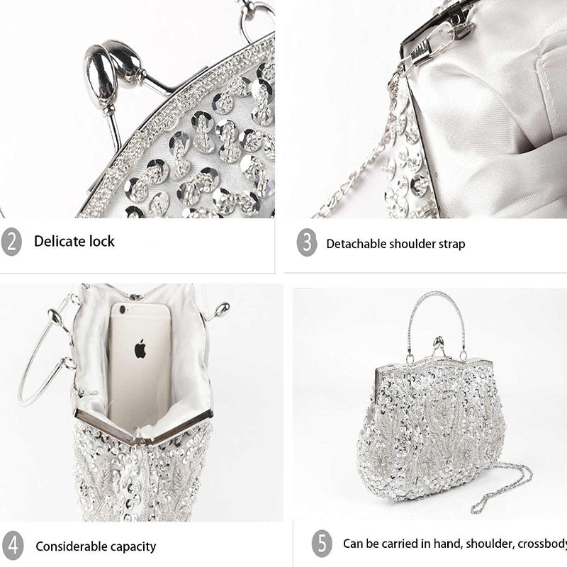 Beaded Sequin Design Flower Evening Purse Large Clutch Bag-Grey