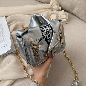 Women Motorcycle Jacket Crossbody Bag Punk Style Lapel Collar Satchel Bag-Sliver