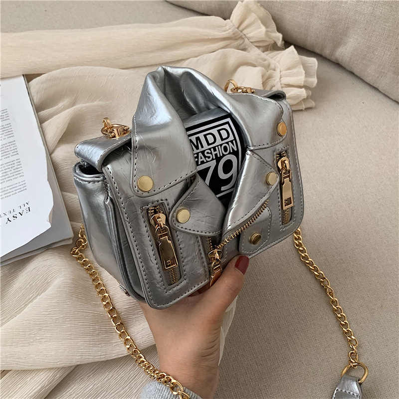 Women Motorcycle Jacket Crossbody Bag Punk Style Lapel Collar Satchel Bag-Sliver