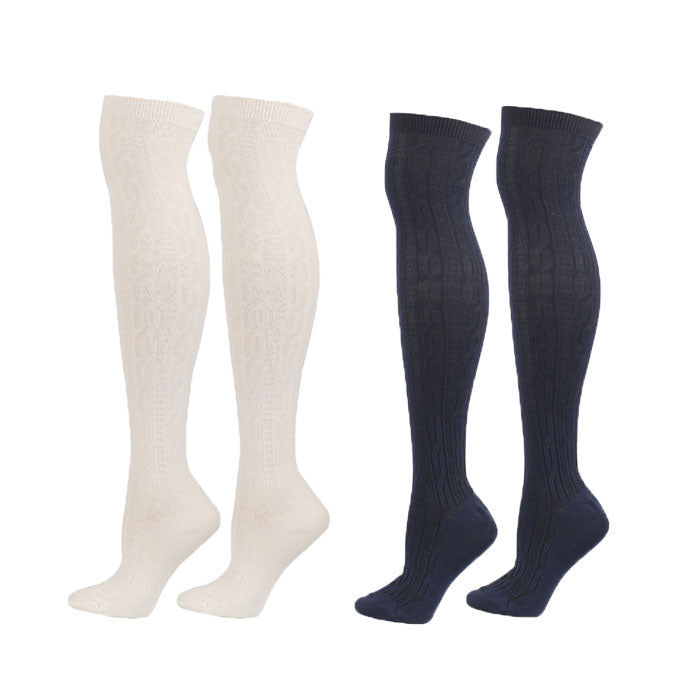 2Packs Women Extra Long High Socks Knit Warmers Thick Tall Long Boot Stockings Leg-WhiteNavy
