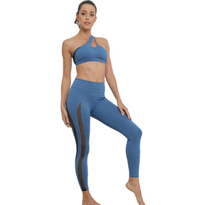 Womens Gym Workout 2 Piece Set Yoga Vest High Waisted Mesh Hip Lift Trousers-Blue