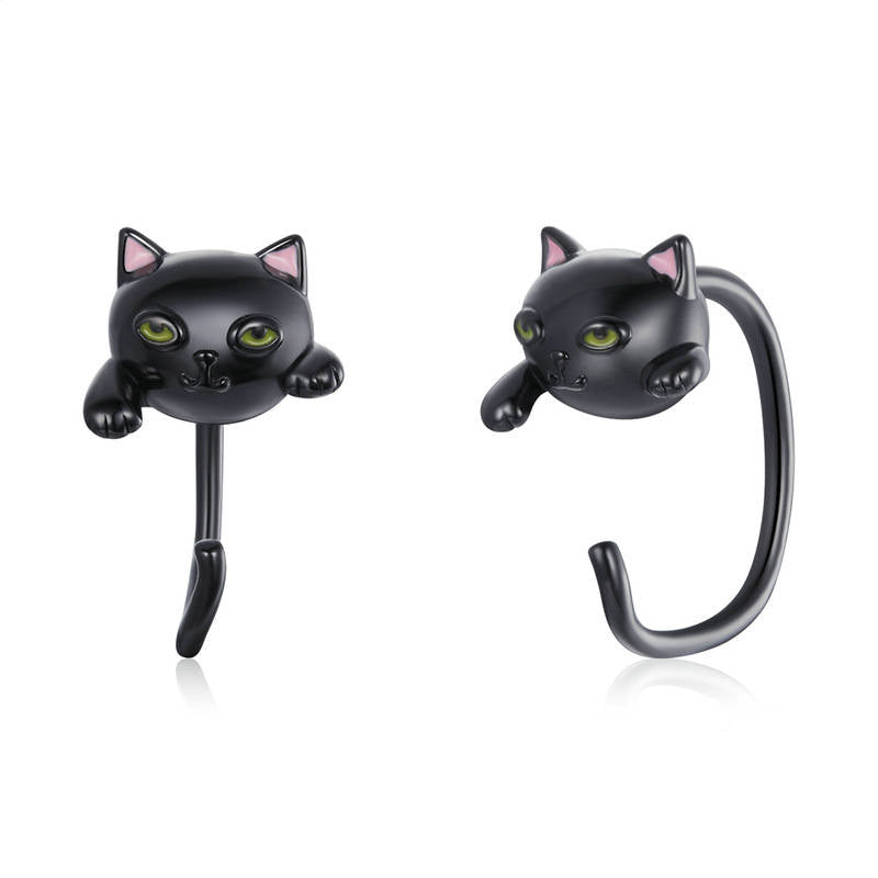 Cute Cat Half Huggie Hoop Earrings for Women Jewelry Gifts-Black