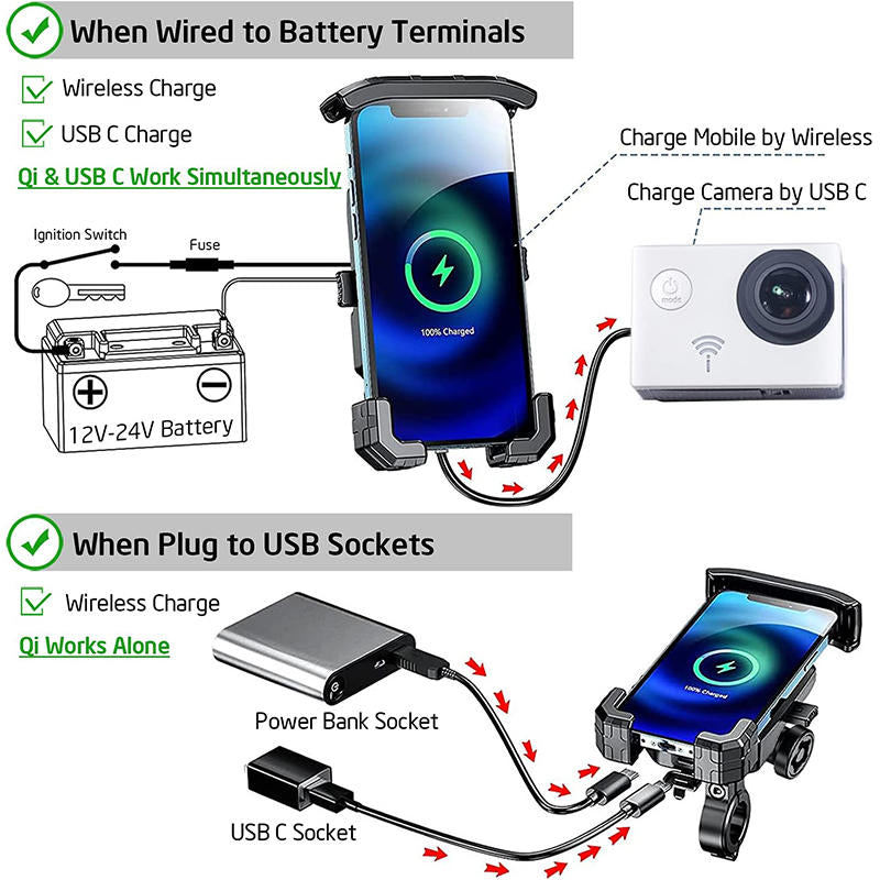 Anti-Theft Motorcycle Wireless Phone Mount Charger Works with 12V/24V Vehicle-Handlebar