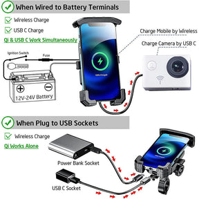 Anti-Theft Motorcycle Wireless Phone Mount Charger Works with 12V/24V Vehicle-Rearview Mirror