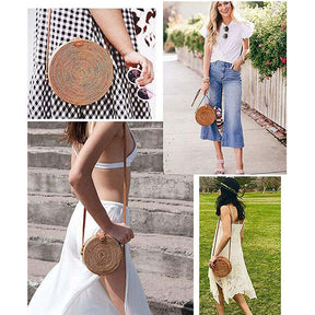 Handwoven Round Rattan Natural Chic Bag Shoulder Leather Straps Summer Beach-Brown