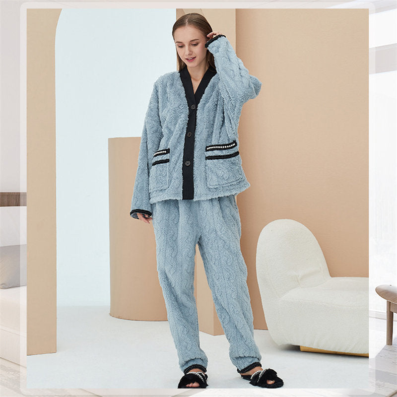 Women's Fleece Fashion Cardigan Pajama Set-Haze Blue