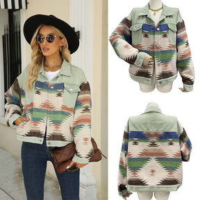 Denim Jacket for Women Aztec Print Contrast Color Cropped Coat-Green