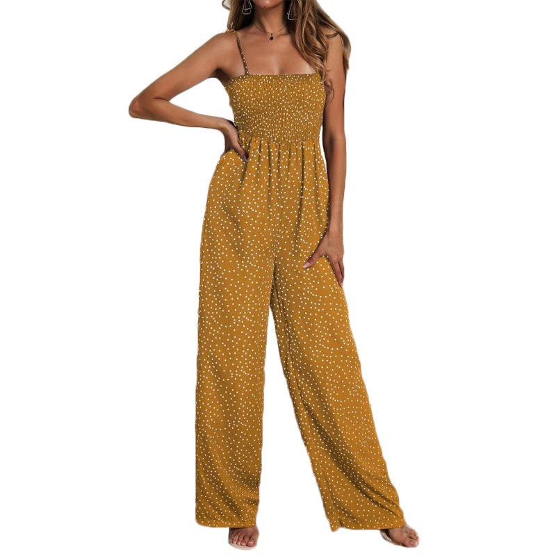 Ladies Polka Dot Spagettic Strap Wide Leg Jumpsuits-Yellow