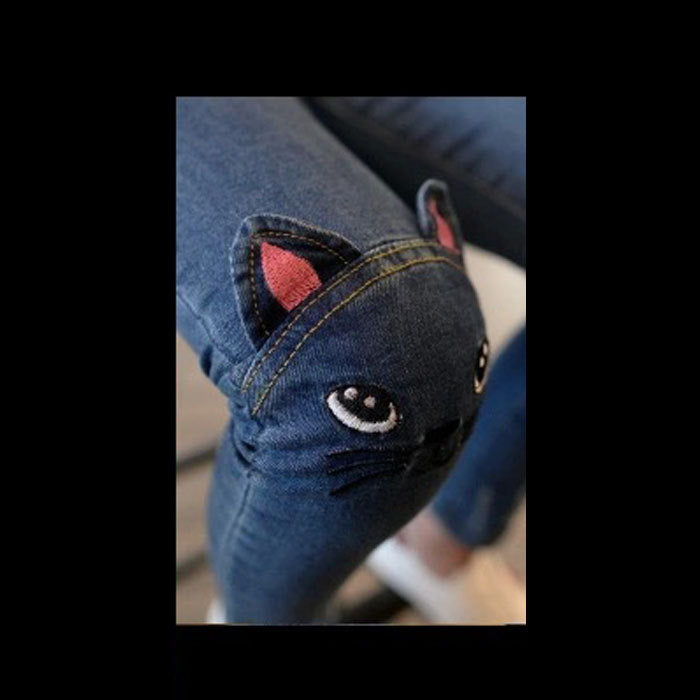 Big Girls Distressed Ripped Hole Teens Jean Blue Cat Slim Denim Pants