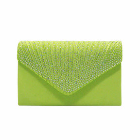 Ladies Frosted Satin Evening Clutch Rhinestones Crossbody Bag-LightGreen