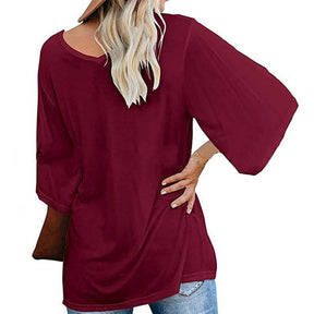 Womens Solid Color Simple V Neck Mid Sleeve T-Shirt-Red