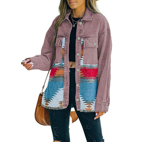 Aztec Denim Jacket for Women Distressed Lapel Long Sleeve Coat-BrickRed