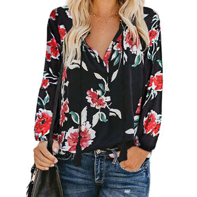 Womens V-neck Casual Boho Floral Print Long Sleeve Shirts-Black