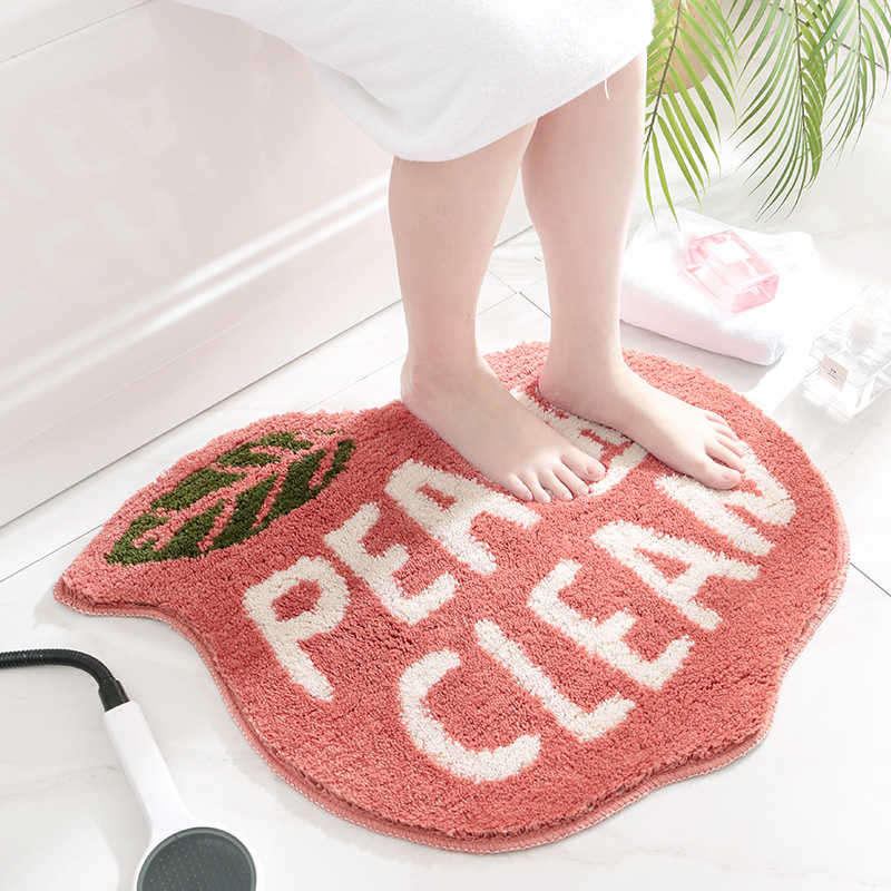 Bath Rug Coral Pink Peach Shape with White Words Cartoon Plush Water Absorbent Bathroom Decor Non Slip Washable Rug