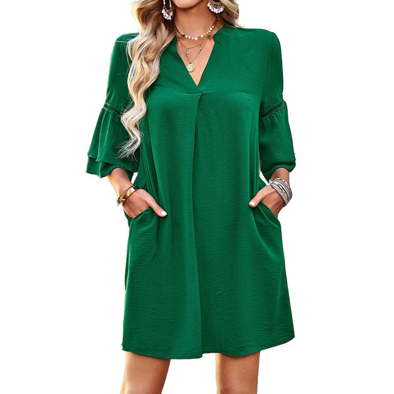 Womens Casual V Neck Dress 3/4 Sleeves Solid Color Loose Summer Dresses-Green
