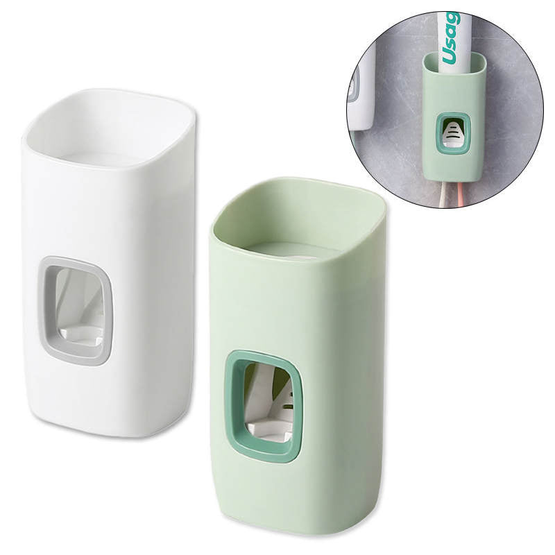 2Pcs Toothpaste Dispenser and Toothbrush Holder Set Wall Mounted Bathroom Accessories-Green White