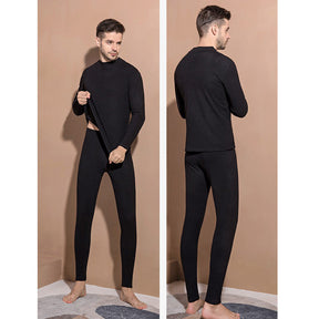 Mens Soft Thermal Underwear Set Plush Lined Half Turtleneck-Black