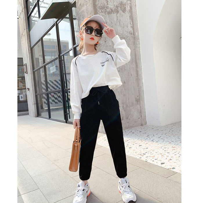 Girls Joggers Long Pants Pockets Outdoor Casual Trousers with Drawstring Splicing-Black