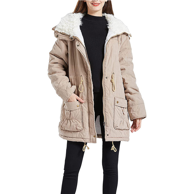Women's Mid Length Winter Coat Thickened Warm Lamb Wool Lined Jacket-Khaki