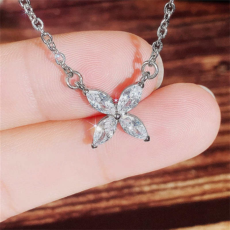 Fashion Petal Fairy Zircon Pendant Necklace-Silver