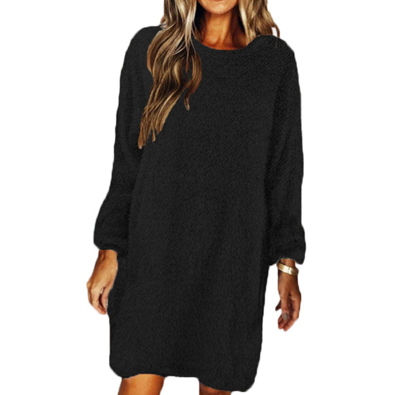 Solid Color Plush Long Sleeve Round Neck Loose Casual Dress-Black