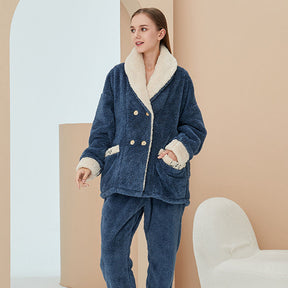 Womens Plush Pajamas Cardigan Set Loungewear-Navy Blue