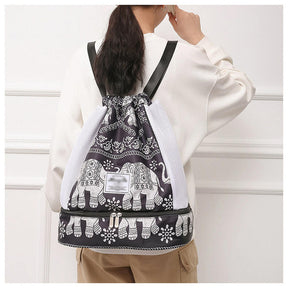 Womens Drawstring Bag Large Wet and Dry Separation Backpack-Elephant